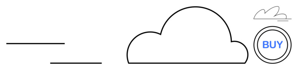 Cloud outline with motion lines representing data transfer and a circular buy button. Ideal for technology, cloud storage, online shopping, e-commerce, digital services, innovation, connectivity