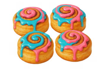 Cinnamon rolls with vibrant pink and blue icing on transparent background, sweet cinnamon buns dessert