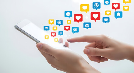 A person's hands are shown interacting with a smartphone, with various social media icons floating above, symbolizing connection and engagement in the digital world.