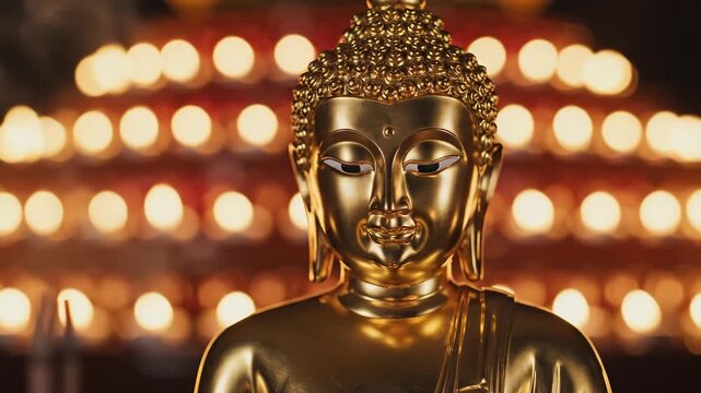 Golden Buddha Statue Amidst Glowing Candles: Serene Spiritual Ambiance