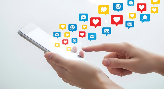 A person's hands are shown interacting with a smartphone, with various social media icons floating above, symbolizing connection and engagement in the digital world.