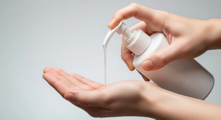 Hands dispensing liquid soap or sanitizer from a white pump bottle onto a palm