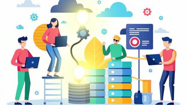Several individuals gather around a stack of coins, possibly discussing finance or a money-related project, Engineers consolidate big data, Simple and minimalist flat 2d Animation
