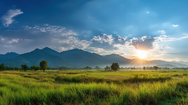 Panoramic View of Lush Green Meadow With Distant Mountain Range Under Cloudy Blue Sky During Sunset With Golden Sun Rays and Dramatic Lighting
