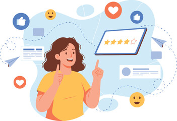 Customer Giving 5-Star Rating and Positive Online Review on Digital Tablet Screen