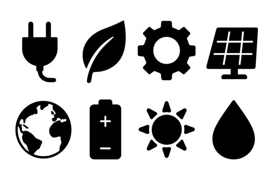 Set of eco-friendly icons representing renewable energy and sustainable practices
