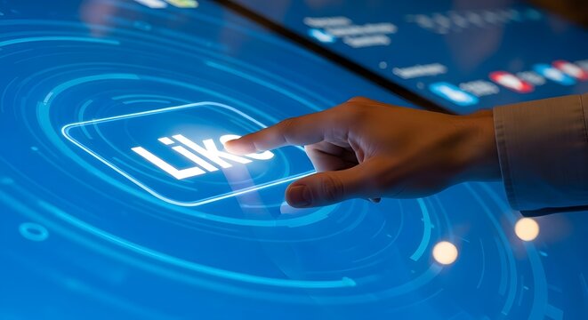 Finger pressing like button on interactive screen with blue background - Powered by Adobe