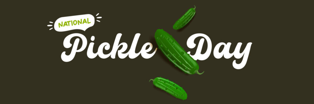 National Pickle day horizontal banner design template with text and pickled cucumbers isolated on grey geometric pattern background. Pickle day flyer. 14 november national day of pickled cucumber