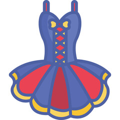 Blue and Red Ballet Tutu Dress with Yellow Trim and Corset Lacing Detail Clean Simple Vector Illustration Icon Isolated on Transparent Background