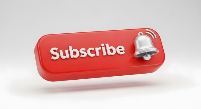 Red subscribe button with bell notification icon isolated on white background