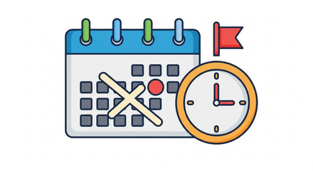 Calendar with clock representing time management, schedule, appointment, or deadline in a colorful design