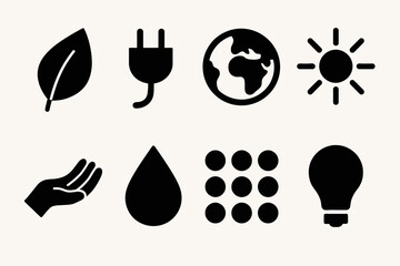 Set of eco-friendly icons featuring nature, energy, and sustainability symbols