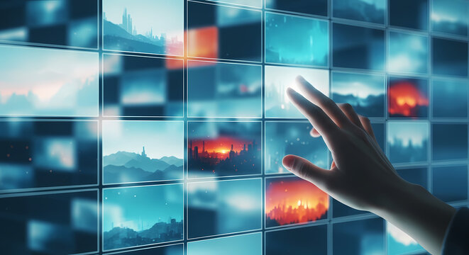 A human hand interacts with a wall of transparent screens displaying various landscapes and abstract designs, suggesting futuristic technology and connectivity. - Powered by Adobe