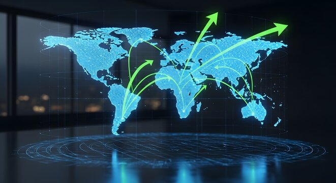 World map hologram with green arrows indicating global trade and expansion