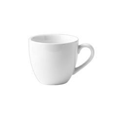 Obraz premium A plain white ceramic mug with a handle rests against a transparent background showcasing its clean design and simple elegance suitable for various applications.