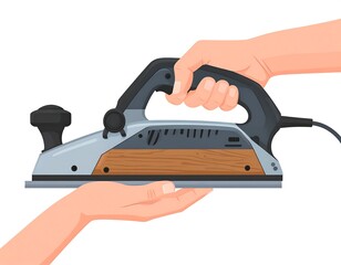 Illustration of a wood planer held by two hands on a white backdrop