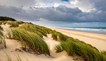Coastal landscape with grass and sandy beach
