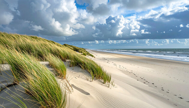 Coastal landscape with grass and sandy beach