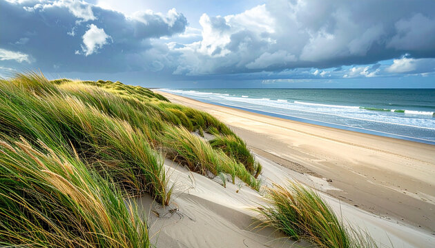 Coastal landscape with grass and sandy beach