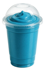 Clear cup with dome lid holding a vibrant blue spirulina smoothie, devoid of any logos.
