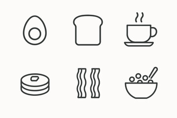 Minimalist breakfast icons: avocado, toast, coffee, donut, bacon, cereal