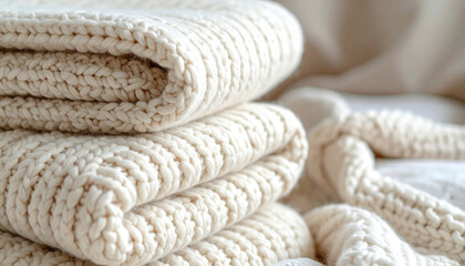 Close-up of knitted cream blankets stacked together