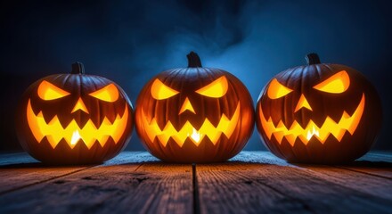 Obraz premium Three spooky jack o lanterns glow with fiery light on wooden surface