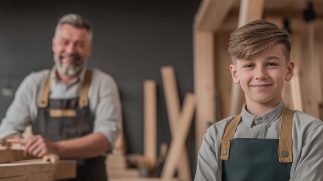 Father and son working side by side in their family workshop. A multi-generational family business. Passing down skills and creating a legacy of craftsmanship
