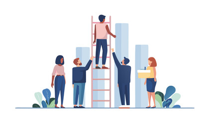 Obraz premium Diverse team collaborating to achieve business growth and success by climbing a ladder towards higher goals