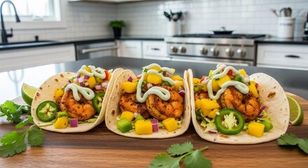 Shrimp tacos with mango salsa and cilantro cream