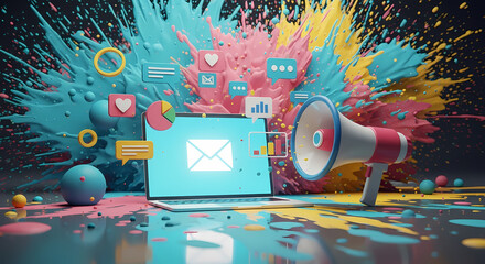 A vibrant, digital marketing concept featuring a laptop displaying an email icon surrounded by social media icons and a megaphone, all set against a colorful explosion.