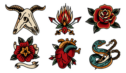 Vintage Tattoo Art Collection Featuring Skulls, Roses, Hearts, and Flames