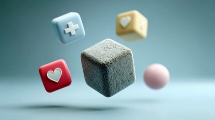A textured gray cube floats alongside colorful cubes with medical and heart icons, and a pink sphere against a soft blue background.