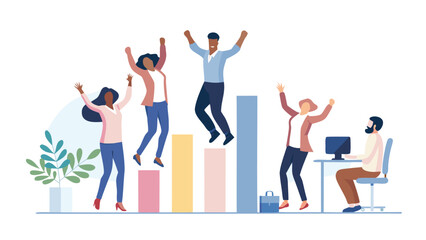 Diverse business team celebrating success and growth on a colorful bar graph in a modern office setting