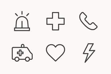 Obraz premium Emergency icons: siren, cross, phone, ambulance, heart, lightning symbol set