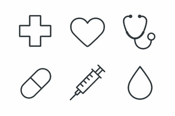 Healthcare icons: cross, heart, stethoscope, pill, syringe, drop in line art