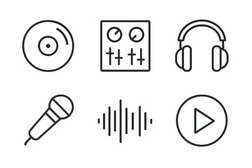 Music equipment icons: headphones, microphone, turntable, mixer, sound wave, play button