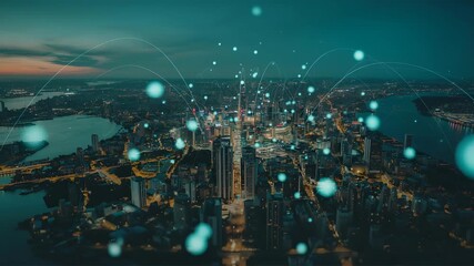 Futuristic Cityscape with Digital Network Connections at Dusk urban night - Powered by Adobe