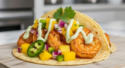 Shrimp tacos with mango salsa and cilantro cream