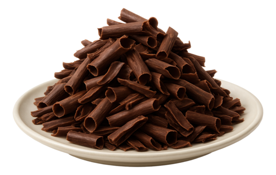 A ceramic plate holding a neat pile of semi-sweet chocolate shavings, varying in length and thickness.