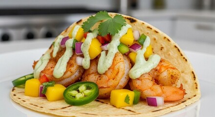 Shrimp tacos with mango salsa and cilantro cream