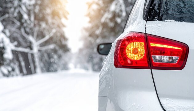Car parked on snowy road with pine trees