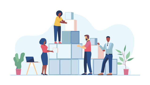 Diverse team of business professionals collaborating to build a stack of boxes representing growth and teamwork in a modern office setting