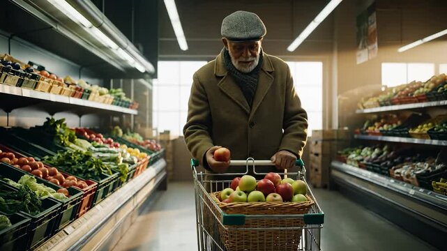 Senior man shopping supermarket grocery produce. Man inspects apple in cart. Wide aisle shows fresh vegetable shelf and crate near window. Warm sunlight highlights interior and market selection today.
