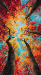 Vibrant autumn colors seen from below tall trees in a serene forest setting