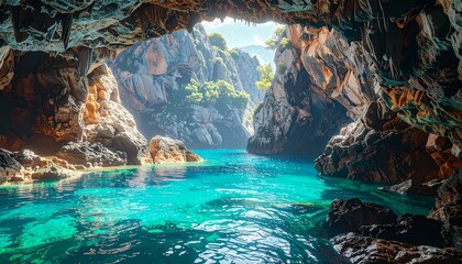 Cave entrance with turquoise water and rock formations