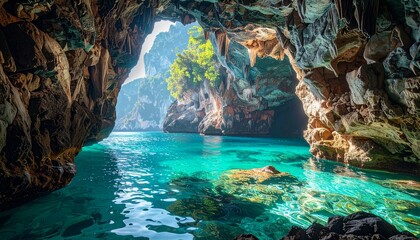Cave entrance with turquoise water and rock formations