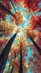 Vibrant autumn foliage viewed from below in a serene forest setting during a clear day