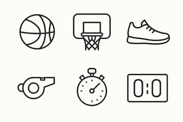 Basketball icon set: ball, hoop, shoe, whistle, stopwatch, scoreboard