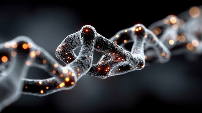 A close-up, abstract view of a digital chain link structure, illuminated by small, glowing orange particles embedded within its translucent form.